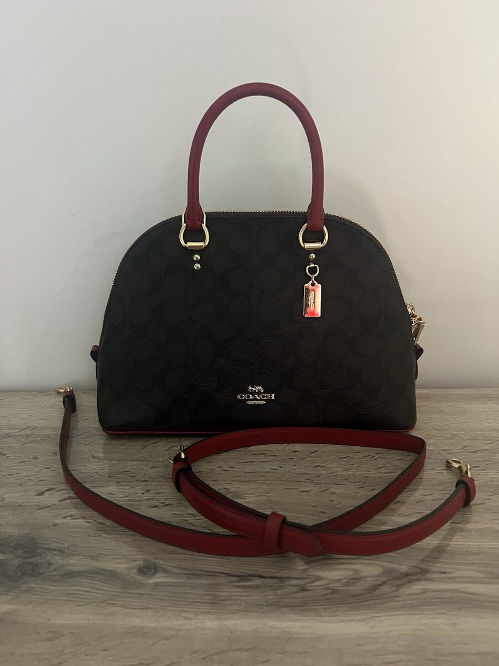 Coach 2558 Katy Satchel Signature Canvas & Leather Bag - Brown/Red dome satchel